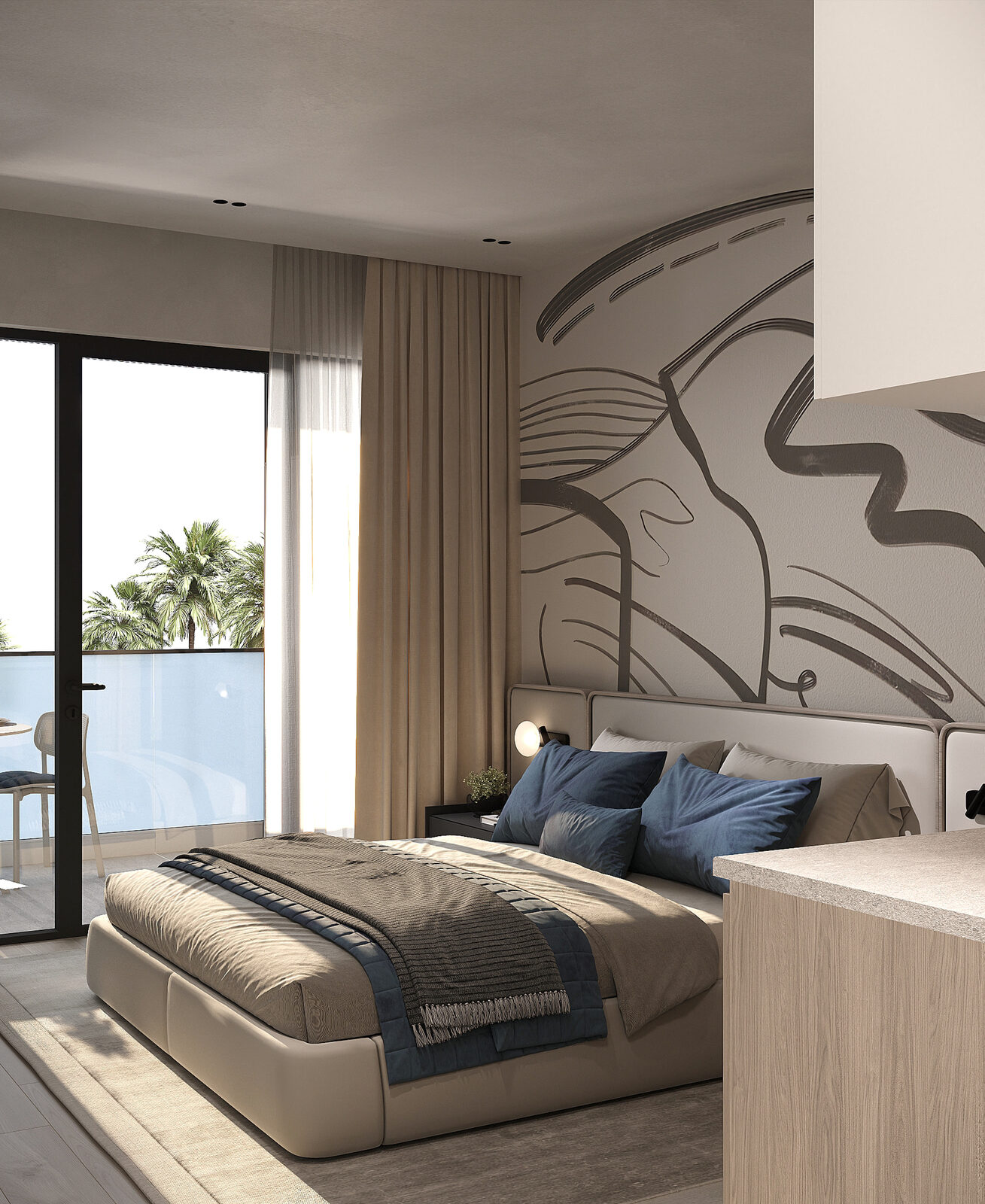 Część sypialna apartamentu z muralem i wyjściem na balkon